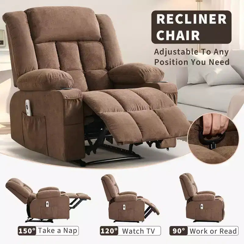 Massage Recliner Chair with Vibration and Lumbar Heat for Adults Large Widen Ergonomic ,Single Sofa Seat with 3 Positions 2 Side Pockets Cup Holders