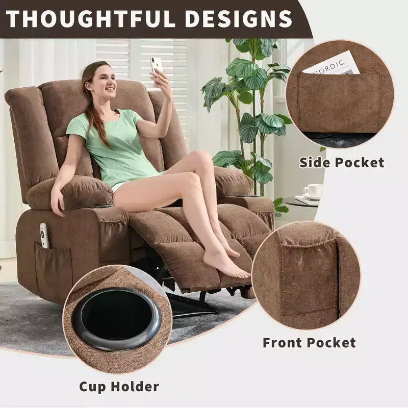 Massage Recliner Chair with Vibration and Lumbar Heat for Adults Large Widen Ergonomic ,Single Sofa Seat with 3 Positions 2 Side Pockets Cup Holders