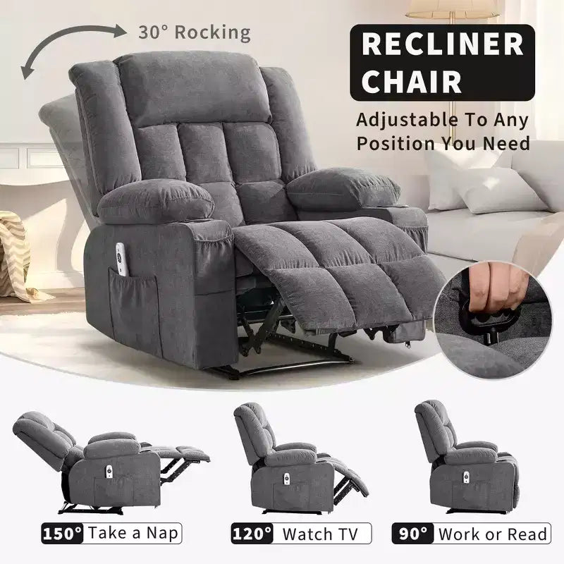 Massage Recliner Chair with Vibration and Lumbar Heat for Adults Large Widen Ergonomic ,Single Sofa Seat with 3 Positions 2 Side Pockets Cup Holders