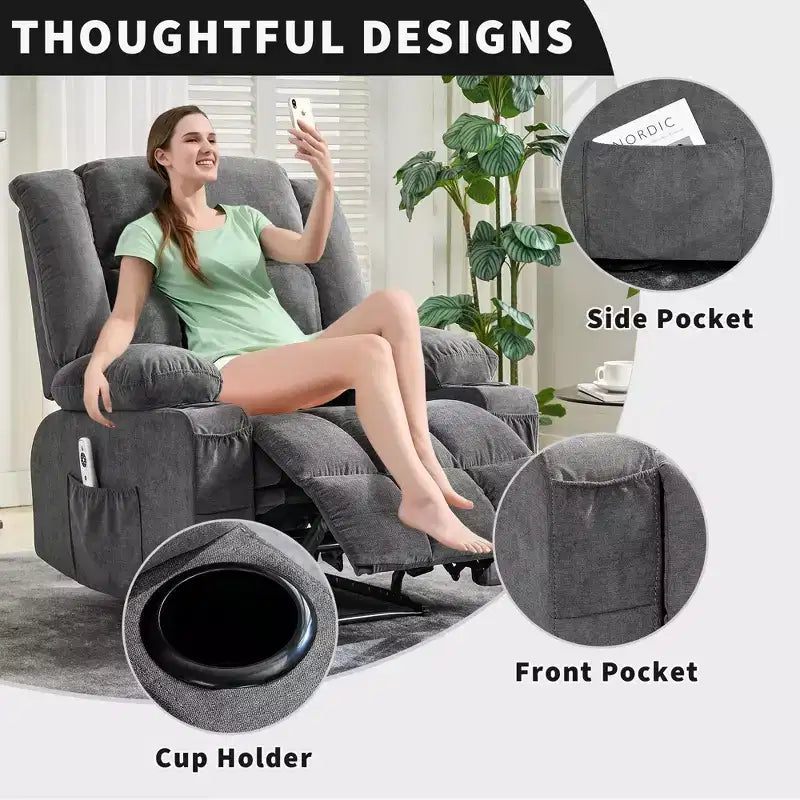 Massage Recliner Chair with Vibration and Lumbar Heat for Adults Large Widen Ergonomic ,Single Sofa Seat with 3 Positions 2 Side Pockets Cup Holders