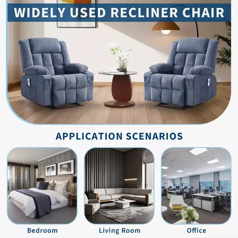 Massage Recliner Chair with Vibration and Lumbar Heat for Adults Large Widen Ergonomic ,Single Sofa Seat with 3 Positions 2 Side Pockets Cup Holders