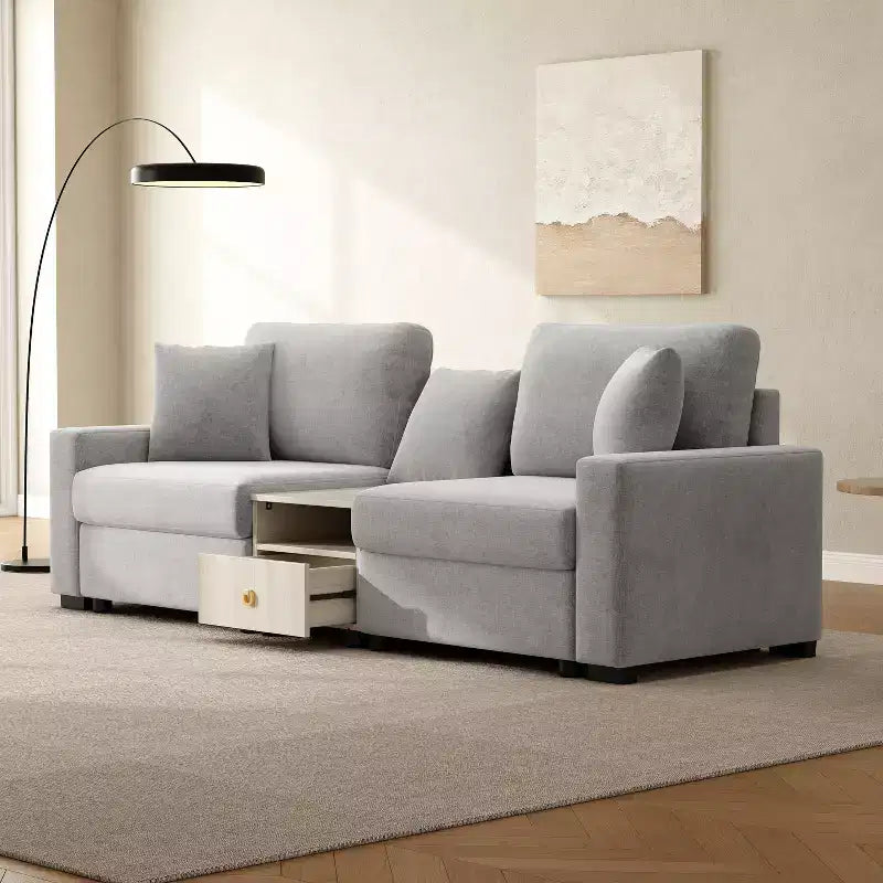 Christopher Knight Home Bina 95.7'' Modern 2-Seater Chenille Upholstered Sectional Sofa with Console, Storage Armrest and Pillows