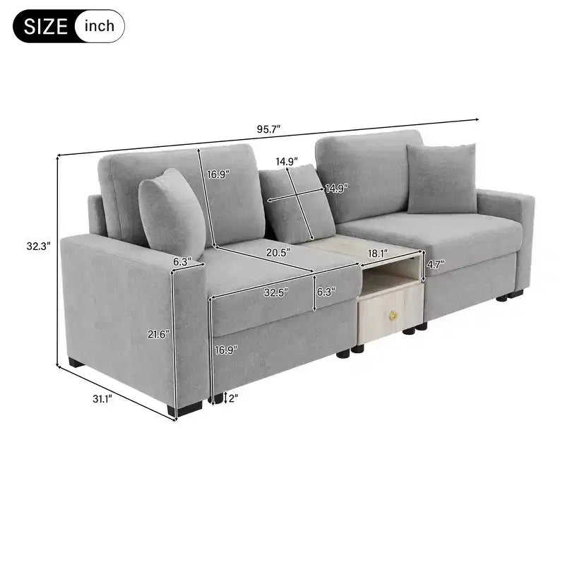 Christopher Knight Home Bina 95.7'' Modern 2-Seater Chenille Upholstered Sectional Sofa with Console, Storage Armrest and Pillows