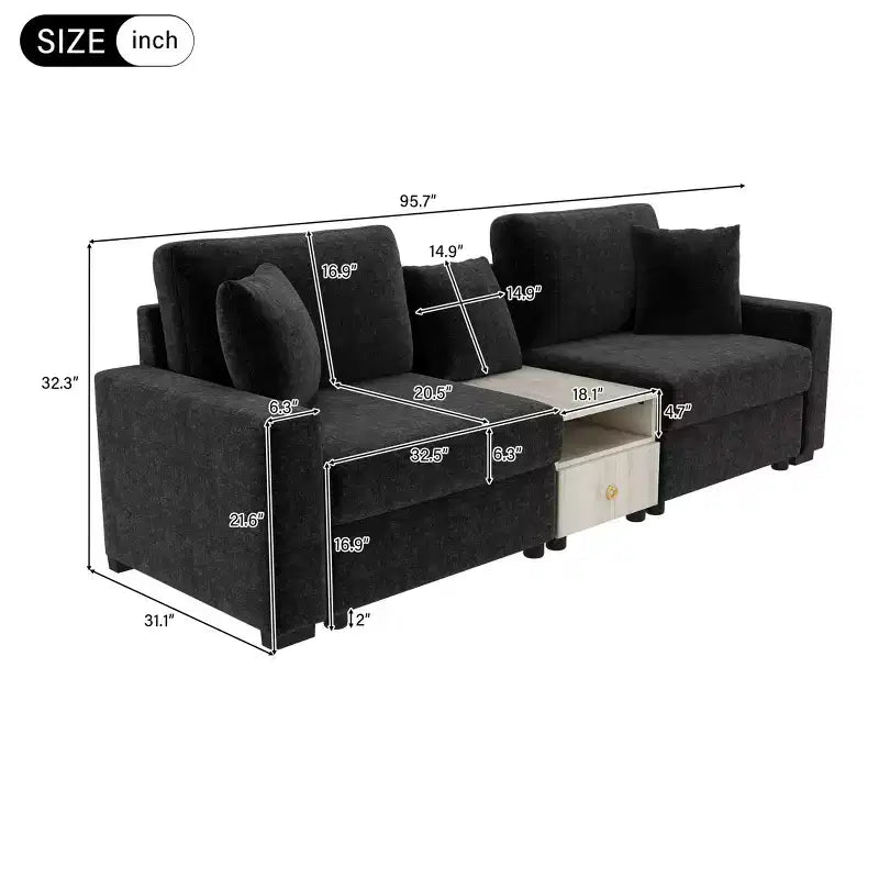 Christopher Knight Home Bina 95.7'' Modern 2-Seater Chenille Upholstered Sectional Sofa with Console, Storage Armrest and Pillows