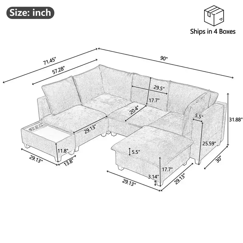 Whisen 90 U-shaped Sectional Sofa Modular Sofa Couch with a Movable Ottoman , a Coffee Table with Hidden Charging Devices