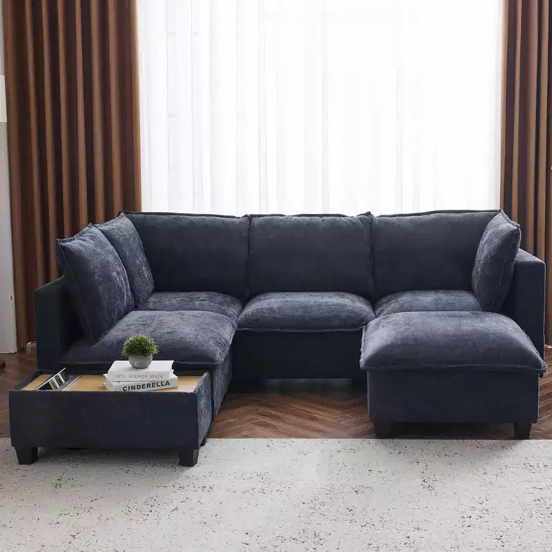 Whisen 90 U-shaped Sectional Sofa Modular Sofa Couch with a Movable Ottoman , a Coffee Table with Hidden Charging Devices
