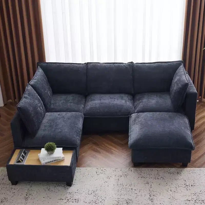 Whisen 90 U-shaped Sectional Sofa Modular Sofa Couch with a Movable Ottoman , a Coffee Table with Hidden Charging Devices