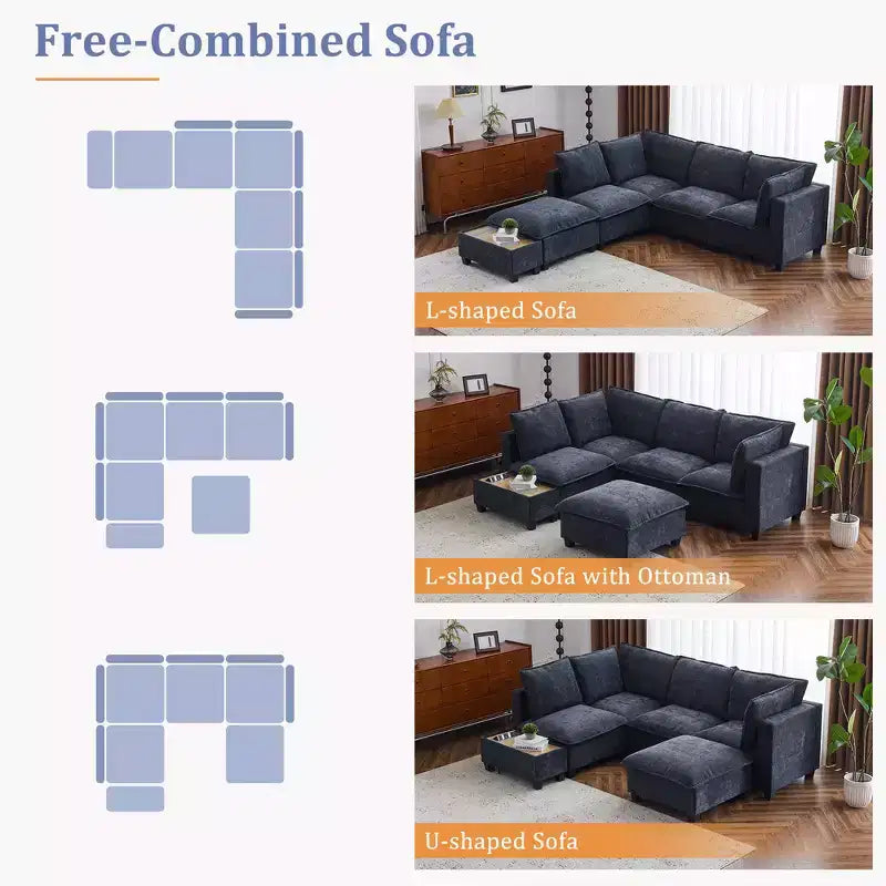Whisen 90 U-shaped Sectional Sofa Modular Sofa Couch with a Movable Ottoman , a Coffee Table with Hidden Charging Devices