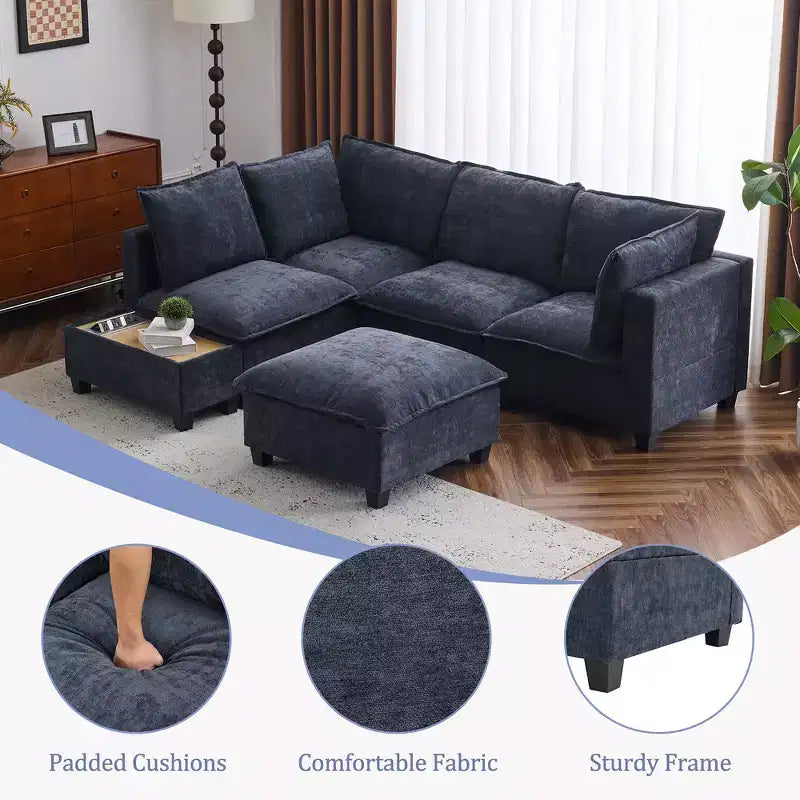 Whisen 90 U-shaped Sectional Sofa Modular Sofa Couch with a Movable Ottoman , a Coffee Table with Hidden Charging Devices