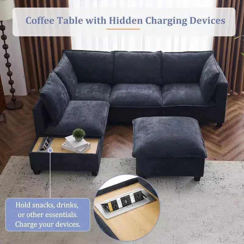 Whisen 90 U-shaped Sectional Sofa Modular Sofa Couch with a Movable Ottoman , a Coffee Table with Hidden Charging Devices