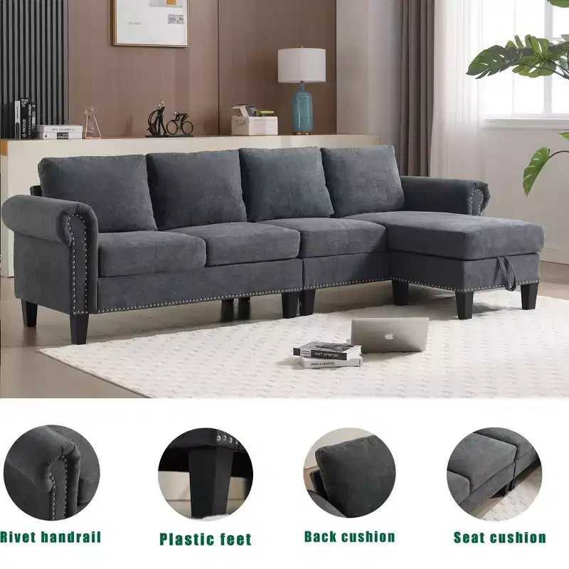 GDFStudio Yorin 106 Modern 4-Seater L-Shaped Velvet Upholstered Convertible Sleeper Sofa with Storage Ottoman