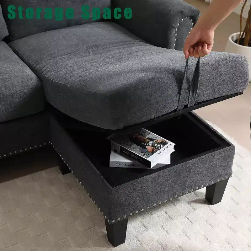 GDFStudio Yorin 106 Modern 4-Seater L-Shaped Velvet Upholstered Convertible Sleeper Sofa with Storage Ottoman