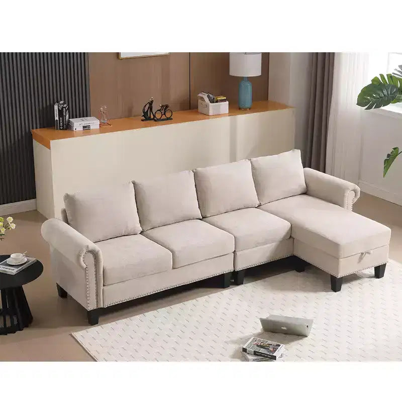 GDFStudio Yorin 106 Modern 4-Seater L-Shaped Velvet Upholstered Convertible Sleeper Sofa with Storage Ottoman