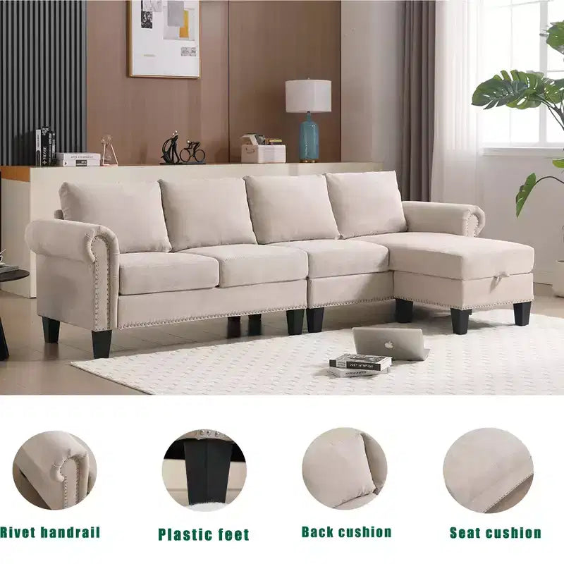 GDFStudio Yorin 106 Modern 4-Seater L-Shaped Velvet Upholstered Convertible Sleeper Sofa with Storage Ottoman
