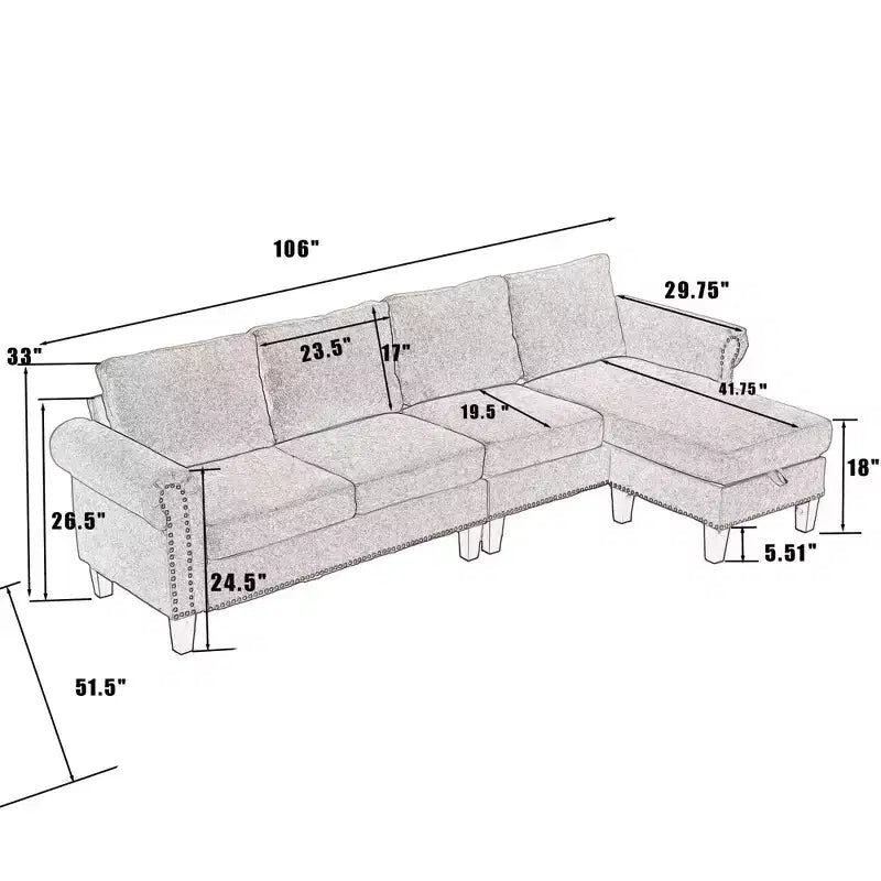 GDFStudio Yorin 106 Modern 4-Seater L-Shaped Velvet Upholstered Convertible Sleeper Sofa with Storage Ottoman