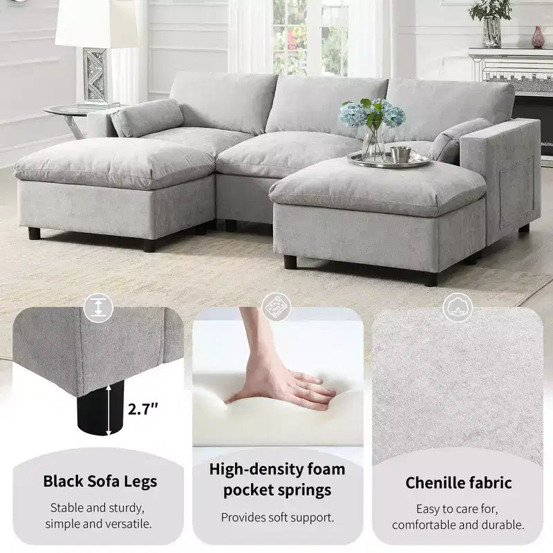 Clihome 86.5'' Chenille Modular Sectional Sofa with Storage Pockets,5 Seat U Shaped Couch Set,Modern Cloud Sofa with 2 Movable Ottoman for Living Room