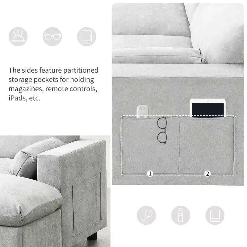 Clihome 86.5'' Chenille Modular Sectional Sofa with Storage Pockets,5 Seat U Shaped Couch Set,Modern Cloud Sofa with 2 Movable Ottoman for Living Room