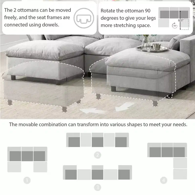 Clihome 86.5'' Chenille Modular Sectional Sofa with Storage Pockets,5 Seat U Shaped Couch Set,Modern Cloud Sofa with 2 Movable Ottoman for Living Room