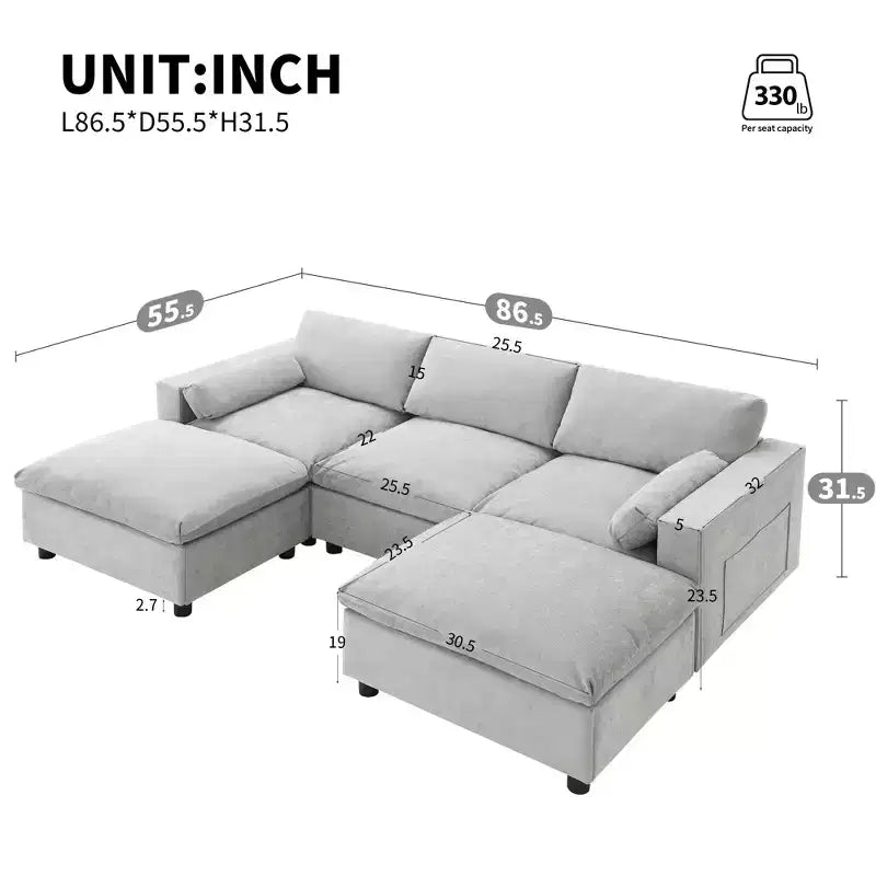Clihome 86.5'' Chenille Modular Sectional Sofa with Storage Pockets,5 Seat U Shaped Couch Set,Modern Cloud Sofa with 2 Movable Ottoman for Living Room