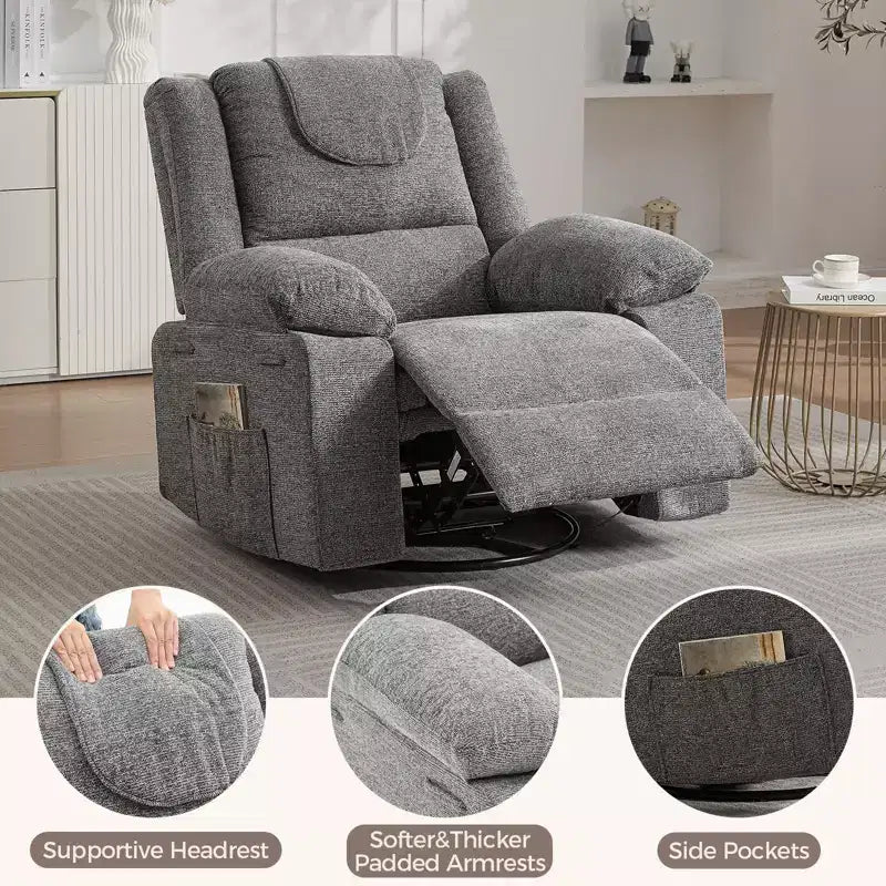 Swivel Rocker Recliner Chair for Adults with Massage and Heat, Oversized Linen Fabric Glider Nursery Chair with Deep Seat, High Backrest