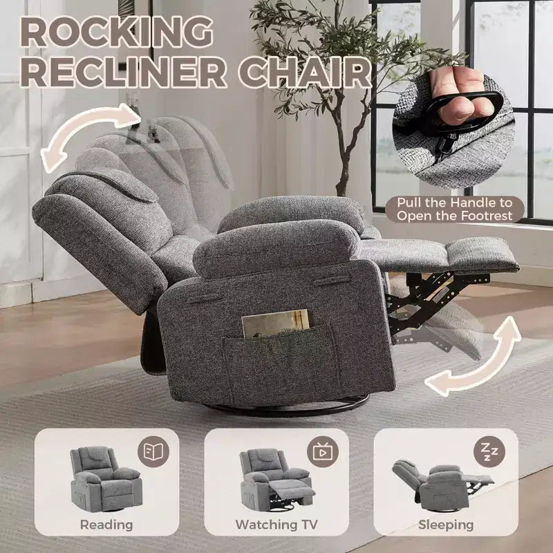 Swivel Rocker Recliner Chair for Adults with Massage and Heat, Oversized Linen Fabric Glider Nursery Chair with Deep Seat, High Backrest