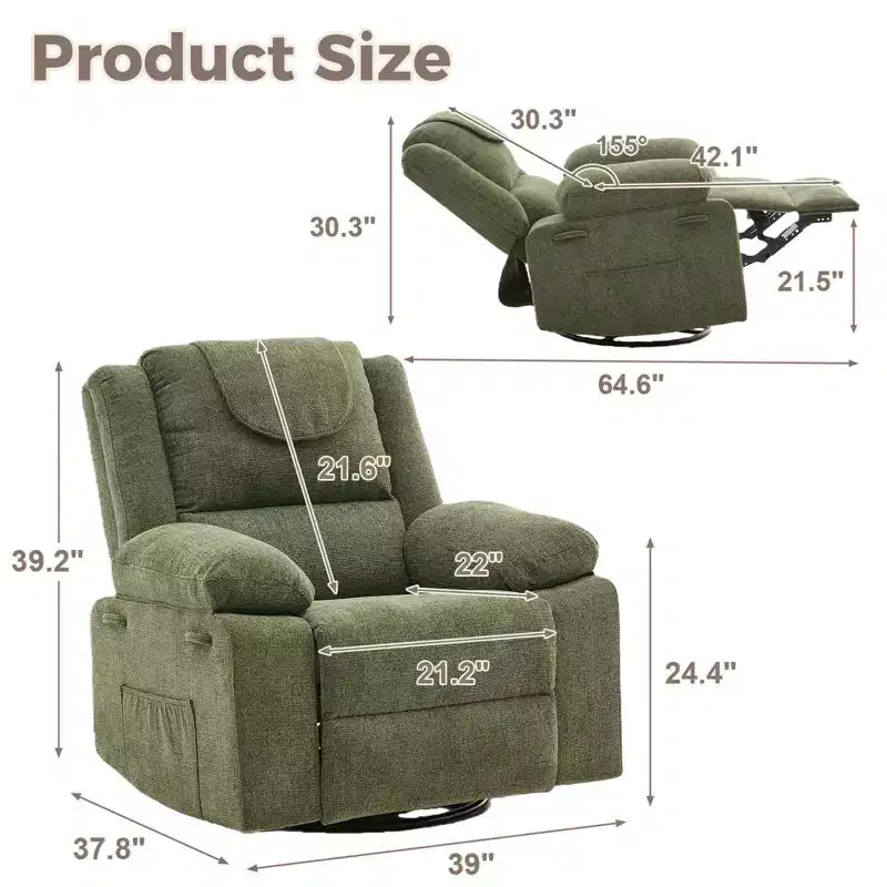 Swivel Rocker Recliner Chair for Adults with Massage and Heat, Oversized Linen Fabric Glider Nursery Chair with Deep Seat, High Backrest