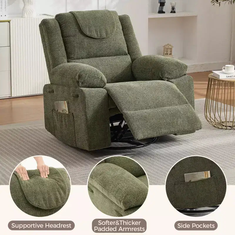 Swivel Rocker Recliner Chair for Adults with Massage and Heat, Oversized Linen Fabric Glider Nursery Chair with Deep Seat, High Backrest