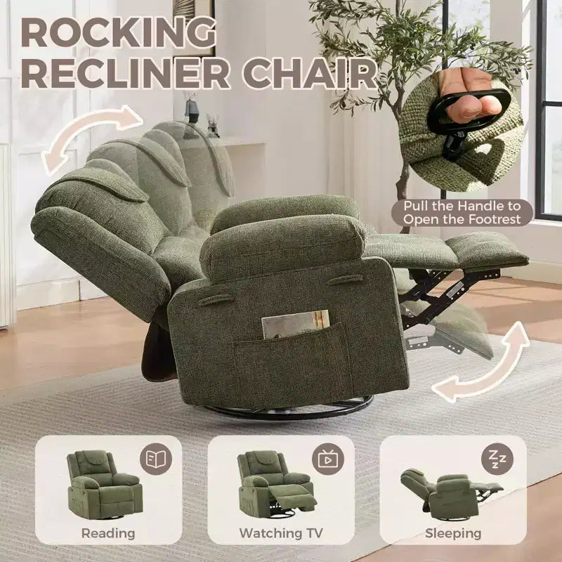 Swivel Rocker Recliner Chair for Adults with Massage and Heat, Oversized Linen Fabric Glider Nursery Chair with Deep Seat, High Backrest