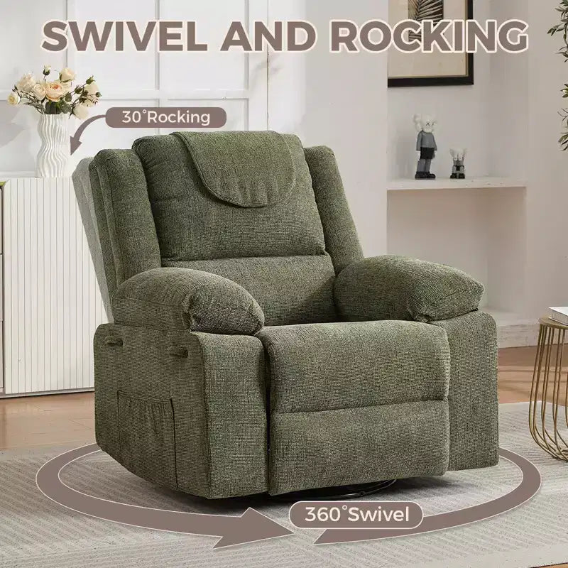 Swivel Rocker Recliner Chair for Adults with Massage and Heat, Oversized Linen Fabric Glider Nursery Chair with Deep Seat, High Backrest