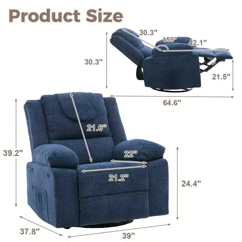 Swivel Rocker Recliner Chair for Adults with Massage and Heat, Oversized Linen Fabric Glider Nursery Chair with Deep Seat, High Backrest
