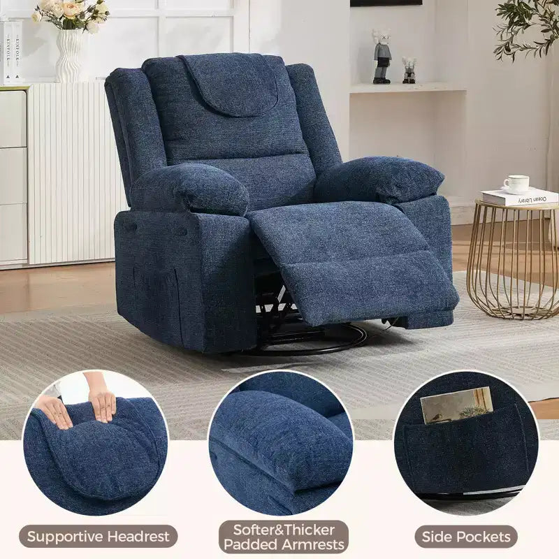Swivel Rocker Recliner Chair for Adults with Massage and Heat, Oversized Linen Fabric Glider Nursery Chair with Deep Seat, High Backrest