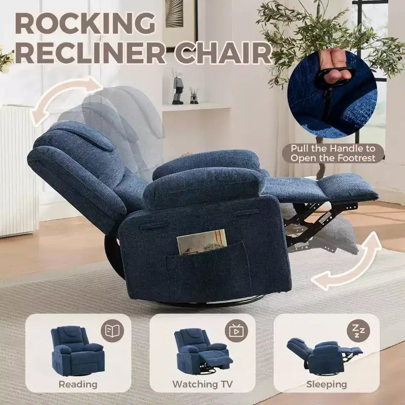 Swivel Rocker Recliner Chair for Adults with Massage and Heat, Oversized Linen Fabric Glider Nursery Chair with Deep Seat, High Backrest