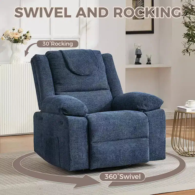 Swivel Rocker Recliner Chair for Adults with Massage and Heat, Oversized Linen Fabric Glider Nursery Chair with Deep Seat, High Backrest