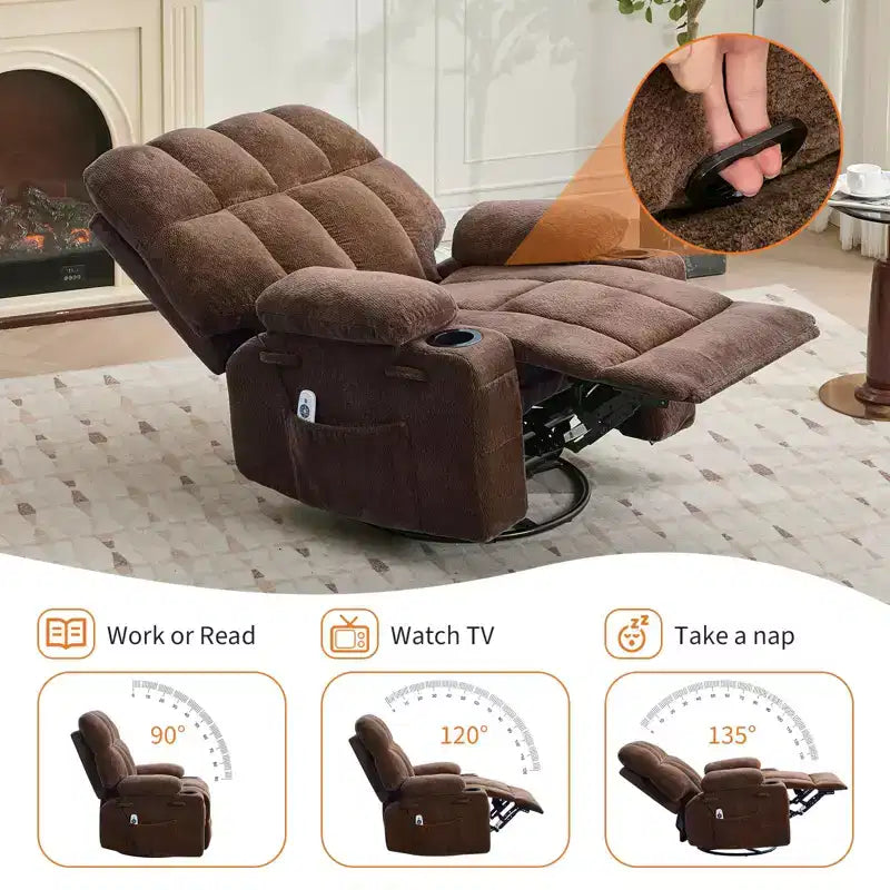 GustoWave Oversized Massage Recliner Chair with Heat, Manual Swivel Rocker, Lumbar Support, Dual Cup Holders, Side Pockets, Living Room