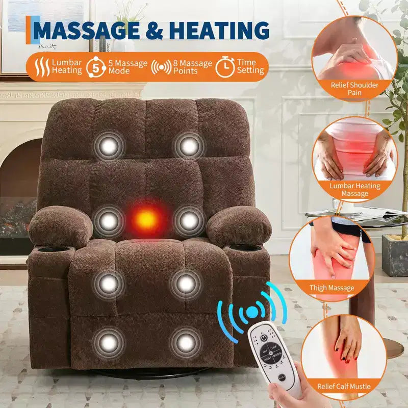GustoWave Oversized Massage Recliner Chair with Heat, Manual Swivel Rocker, Lumbar Support, Dual Cup Holders, Side Pockets, Living Room