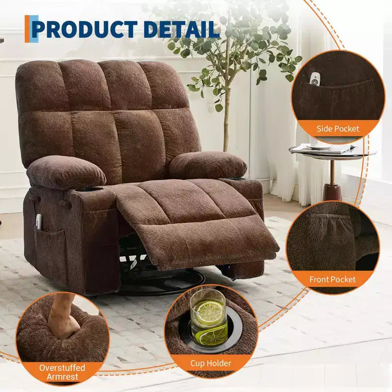 GustoWave Oversized Massage Recliner Chair with Heat, Manual Swivel Rocker, Lumbar Support, Dual Cup Holders, Side Pockets, Living Room