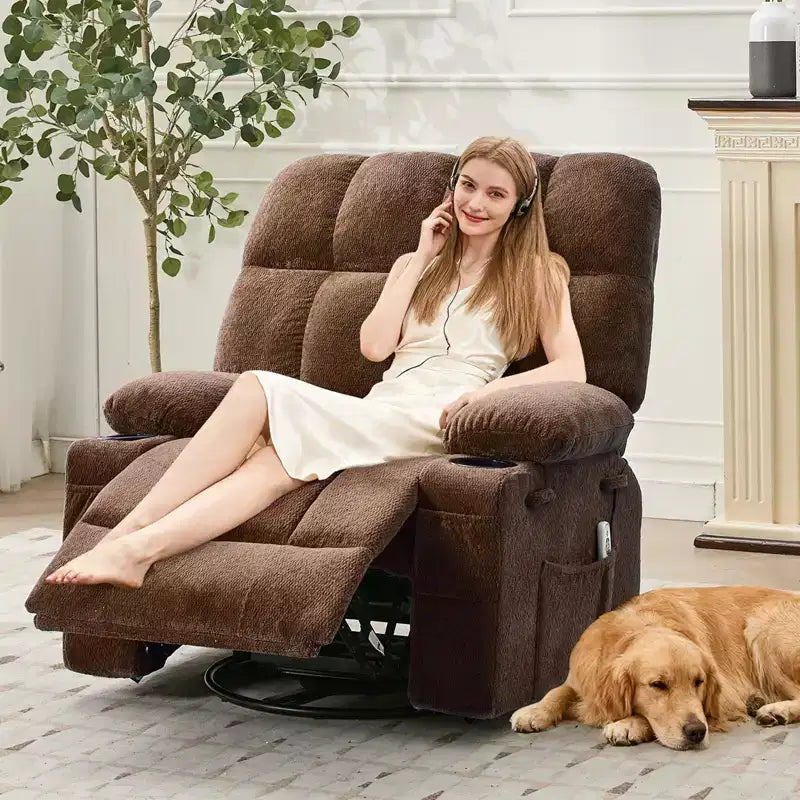 GustoWave Oversized Massage Recliner Chair with Heat, Manual Swivel Rocker, Lumbar Support, Dual Cup Holders, Side Pockets, Living Room