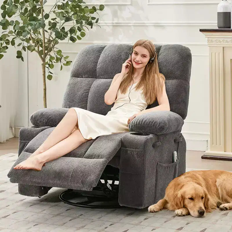 GustoWave Oversized Massage Recliner Chair with Heat, Manual Swivel Rocker, Lumbar Support, Dual Cup Holders, Side Pockets, Living Room