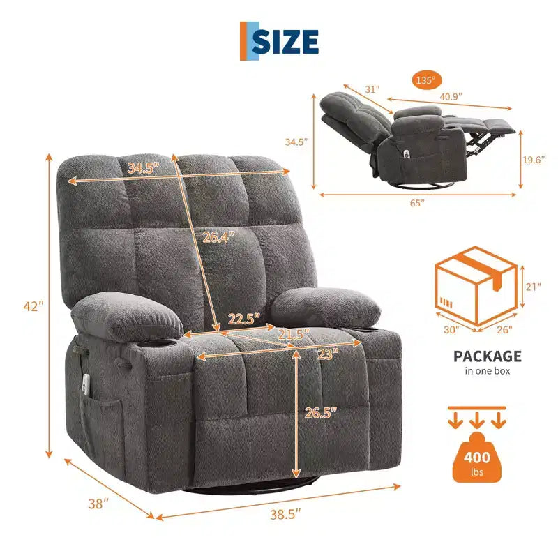 GustoWave Oversized Massage Recliner Chair with Heat, Manual Swivel Rocker, Lumbar Support, Dual Cup Holders, Side Pockets, Living Room