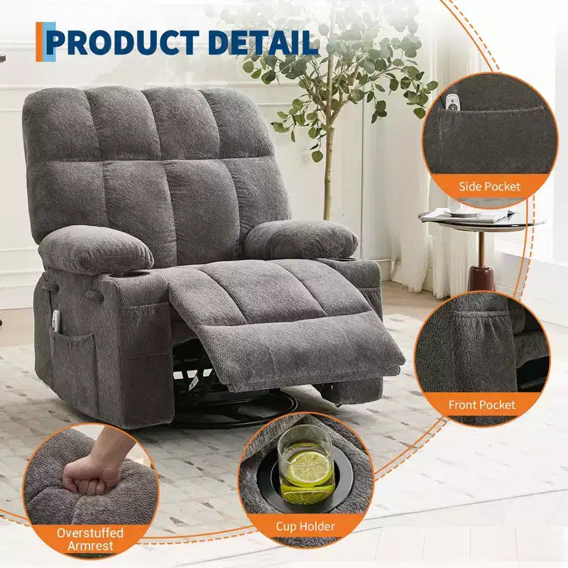 GustoWave Oversized Massage Recliner Chair with Heat, Manual Swivel Rocker, Lumbar Support, Dual Cup Holders, Side Pockets, Living Room