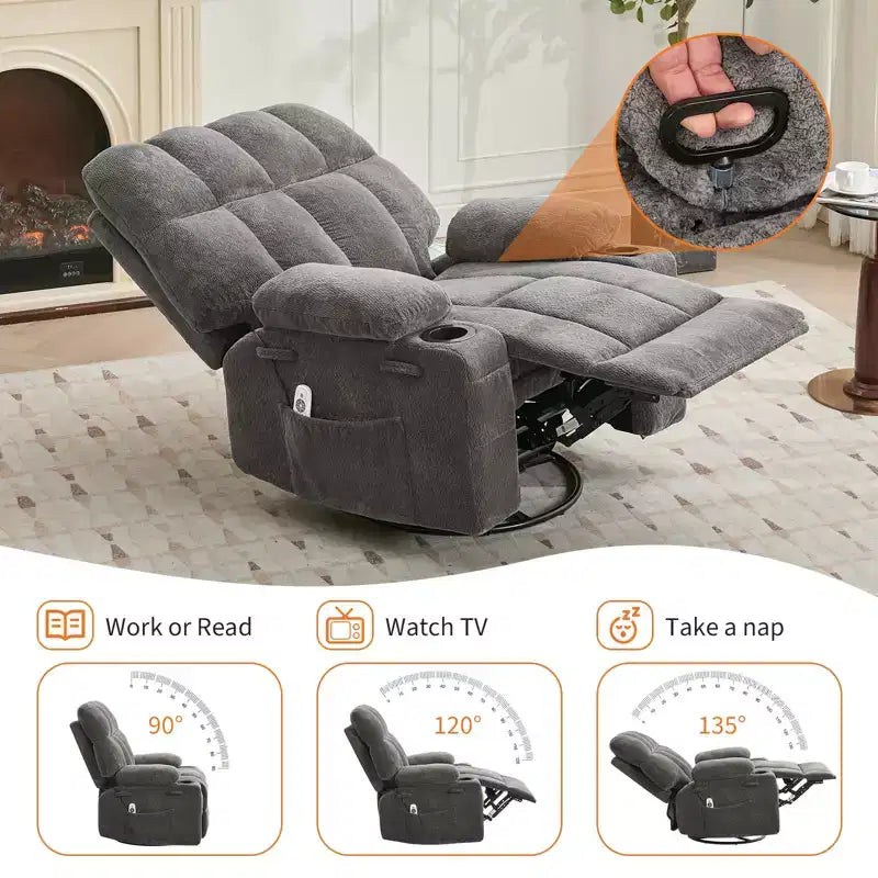 GustoWave Oversized Massage Recliner Chair with Heat, Manual Swivel Rocker, Lumbar Support, Dual Cup Holders, Side Pockets, Living Room