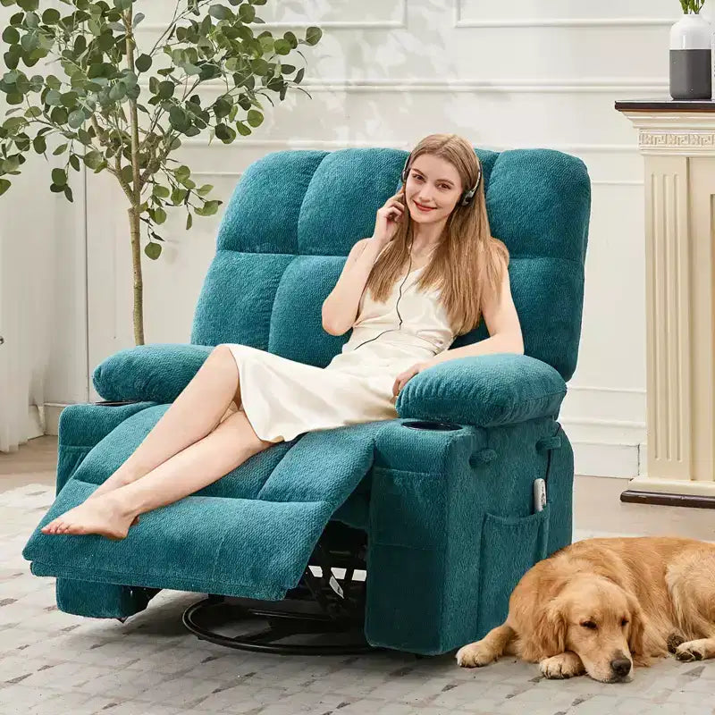 GustoWave Oversized Massage Recliner Chair with Heat, Manual Swivel Rocker, Lumbar Support, Dual Cup Holders, Side Pockets, Living Room