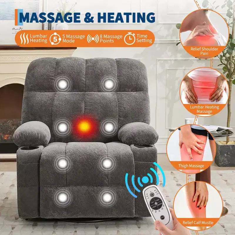 GustoWave Oversized Massage Recliner Chair with Heat, Manual Swivel Rocker, Lumbar Support, Dual Cup Holders, Side Pockets, Living Room