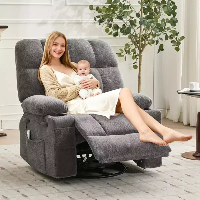 GustoWave Oversized Massage Recliner Chair with Heat, Manual Swivel Rocker, Lumbar Support, Dual Cup Holders, Side Pockets, Living Room