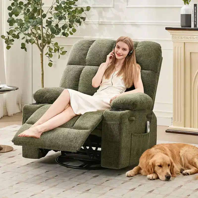 GustoWave Oversized Massage Recliner Chair with Heat, Manual Swivel Rocker, Lumbar Support, Dual Cup Holders, Side Pockets, Living Room