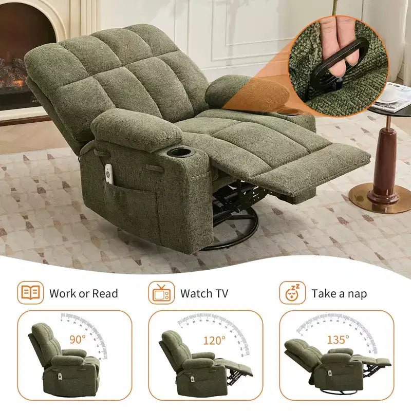 GustoWave Oversized Massage Recliner Chair with Heat, Manual Swivel Rocker, Lumbar Support, Dual Cup Holders, Side Pockets, Living Room