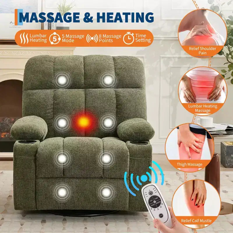 GustoWave Oversized Massage Recliner Chair with Heat, Manual Swivel Rocker, Lumbar Support, Dual Cup Holders, Side Pockets, Living Room
