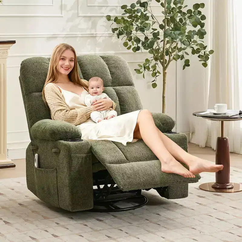 GustoWave Oversized Massage Recliner Chair with Heat, Manual Swivel Rocker, Lumbar Support, Dual Cup Holders, Side Pockets, Living Room