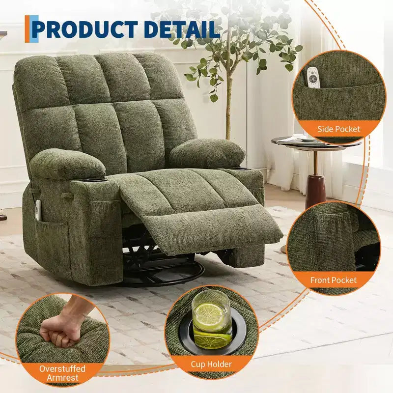 GustoWave Oversized Massage Recliner Chair with Heat, Manual Swivel Rocker, Lumbar Support, Dual Cup Holders, Side Pockets, Living Room