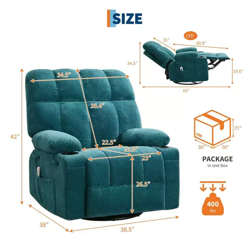 GustoWave Oversized Massage Recliner Chair with Heat, Manual Swivel Rocker, Lumbar Support, Dual Cup Holders, Side Pockets, Living Room